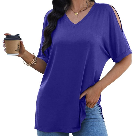 Womens Casual Cold Shoulder Basic Tunic Tops - Picture 2 of 5